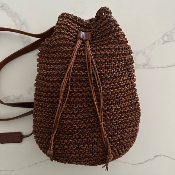 Vintage Ralph Lauren Hand Knit Open Weave Leather Backpack Dark Chocolate Brown - Picture 4 of 8